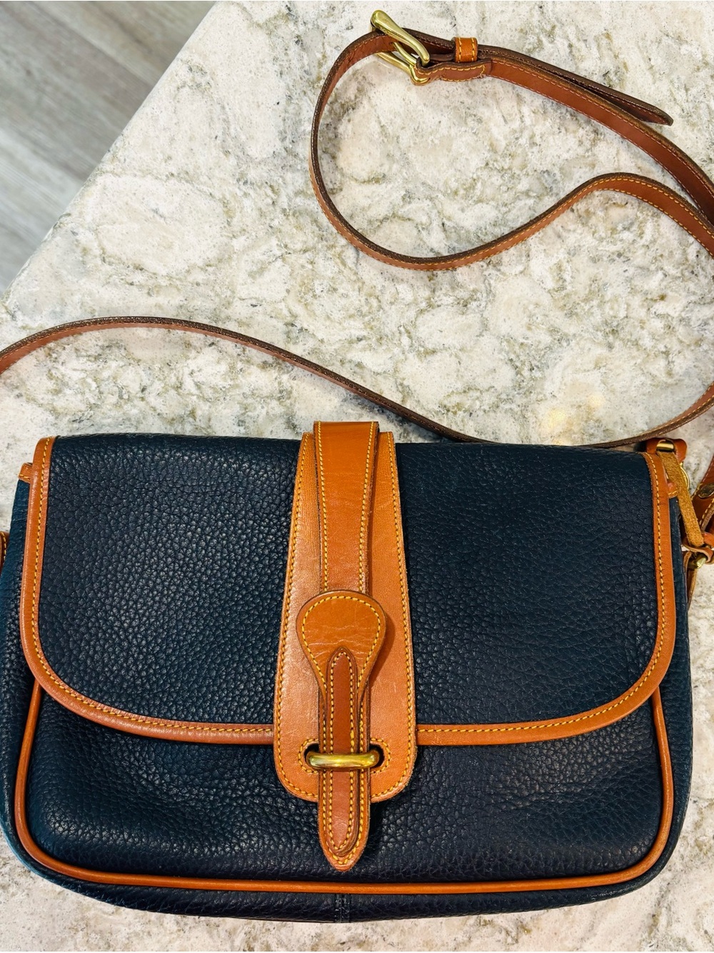 Dooney & Bourke Vintage Equestrian Navy All Weather Leather Crossbody Bag Purse